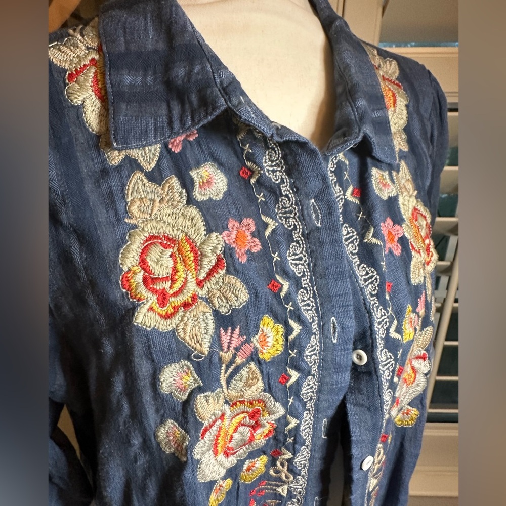 Andre by Unit Midi Denim Striped Ombre Button Down Collared Dress Embroidered L - Picture 5 of 9